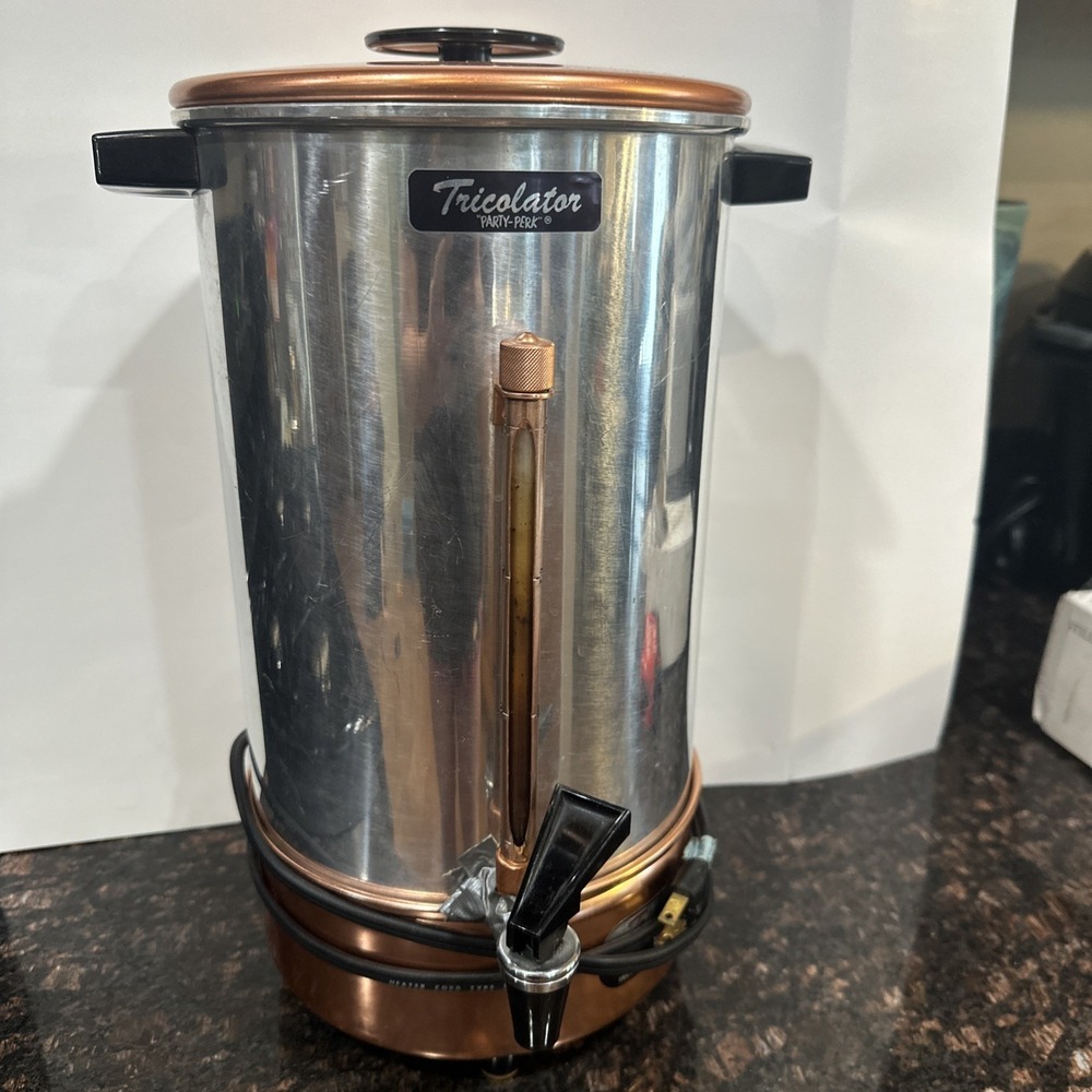 Tricolator Party-Perk TG-30GE Vintage 30 Cup Coffee Maker Silver Copper Untested